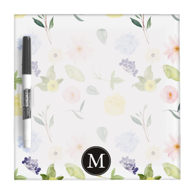 Pink Yellow Watercolor Floral Monogram Dry-Erase Board (Front)