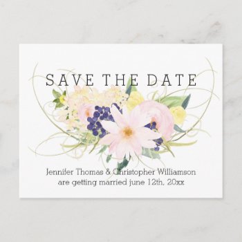 Pink Yellow Watercolor Floral Save The Date Announcement Postcard by peacefuldreams at Zazzle