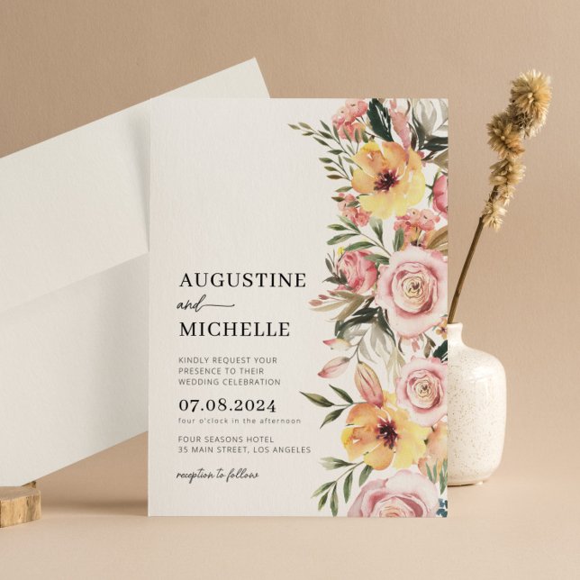 Pink & Yellow Watercolor Floral Spring Wedding Invitation (Creator Uploaded)
