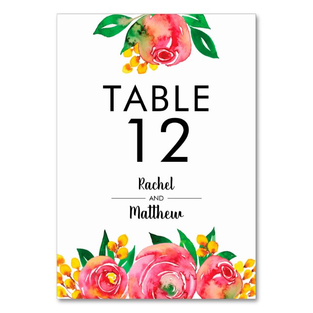 Pink, Yellow Watercolor Floral Table Numbers (Front)