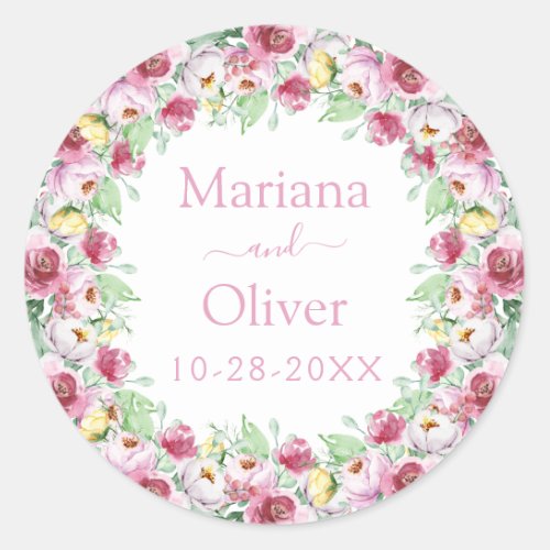 Pink Yellow Watercolor Floral Wedding Classic Round Sticker