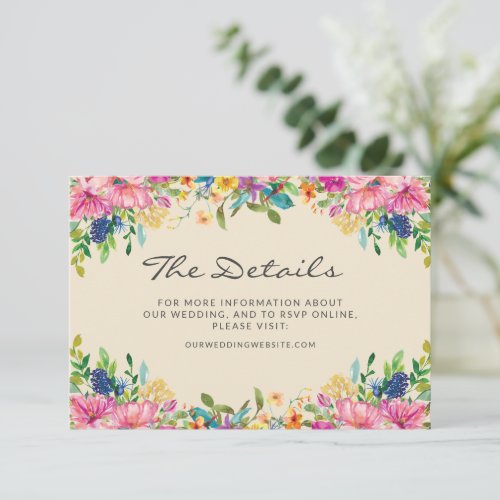 Pink Yellow Watercolor Floral Wedding Details Enclosure Card