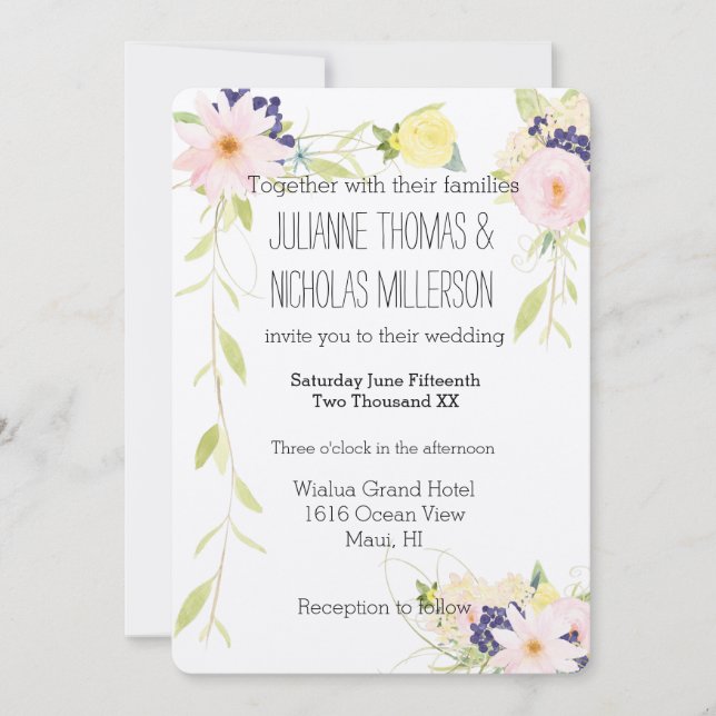 Pink Yellow Watercolor Floral Wedding Invitation (Front)