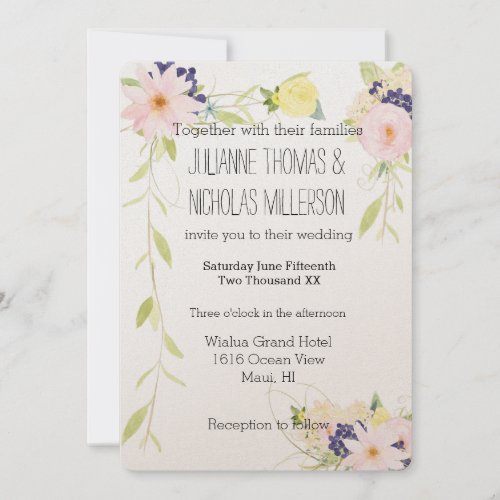 Pink Yellow Watercolor Floral Wedding Invitation