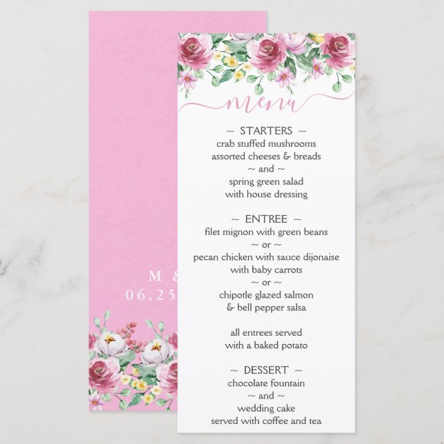 Pink Yellow Watercolor Floral Wedding Menu (Front/Back)