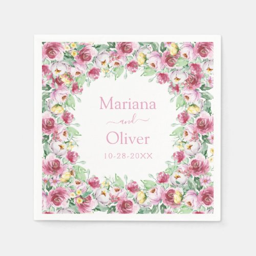 Pink Yellow Watercolor Floral Wedding Napkins