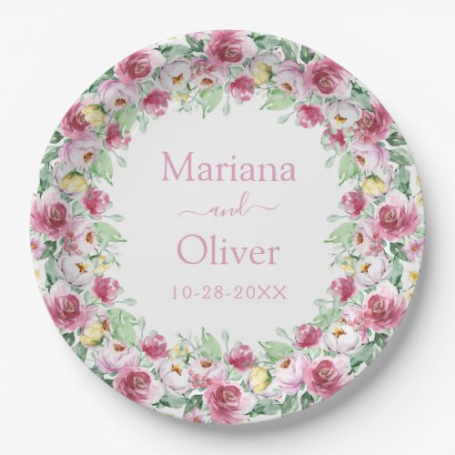 Pink Yellow Watercolor Floral Wedding Paper Plates