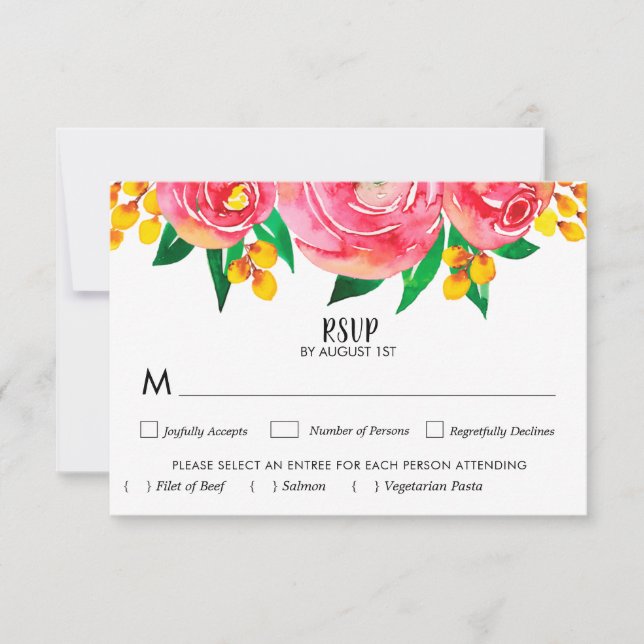 Pink Yellow Watercolor Floral Wedding RSVP Cards (Front)