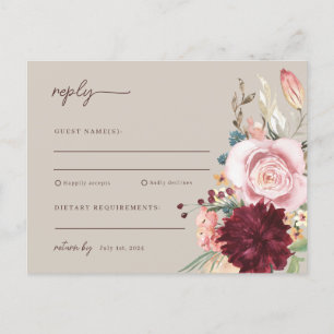 Pink & Yellow Watercolor Floral Wedding RSVP Postcard