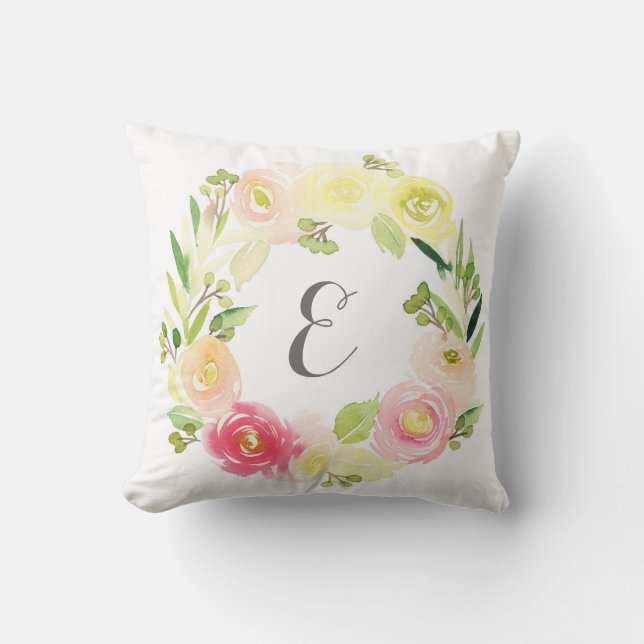 Pink & Yellow Watercolor Floral Wreath | Monogram Throw Pillow (Front)