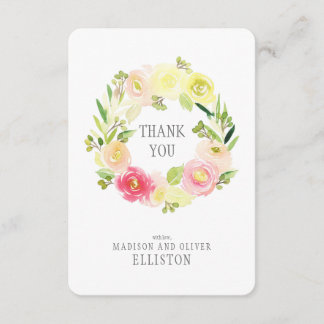 Pink & Yellow Watercolor Floral Wreath | Thank You Card