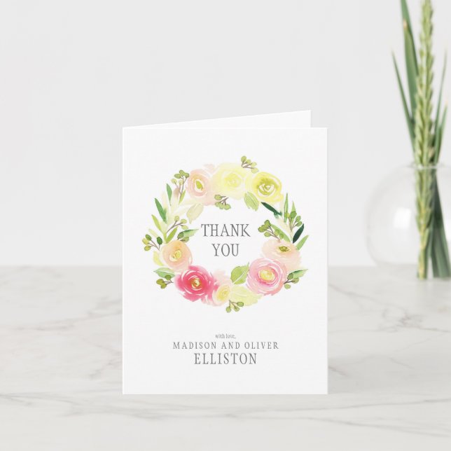 Pink & Yellow Watercolor Floral Wreath | Thank You Card (Front)