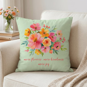 Pink Yellow Watercolor Florals Sage Kindness Quote Throw Pillow