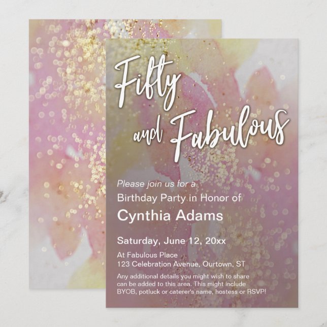 Pink Yellow Watercolor Glitter Fifty and Fabulous Invitation (Front/Back)