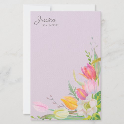 Pink Yellow Watercolor Tulips Springtime Flowers  Stationery