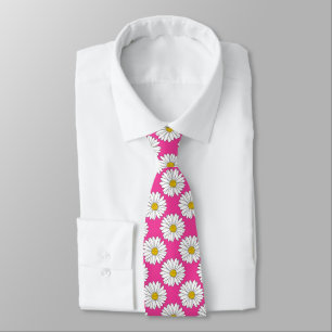 Pink Yellow White Daisy Pattern Neck Tie
