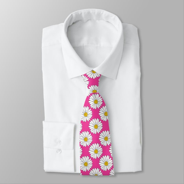Pink Yellow White Daisy Pattern Neck Tie (Tied)