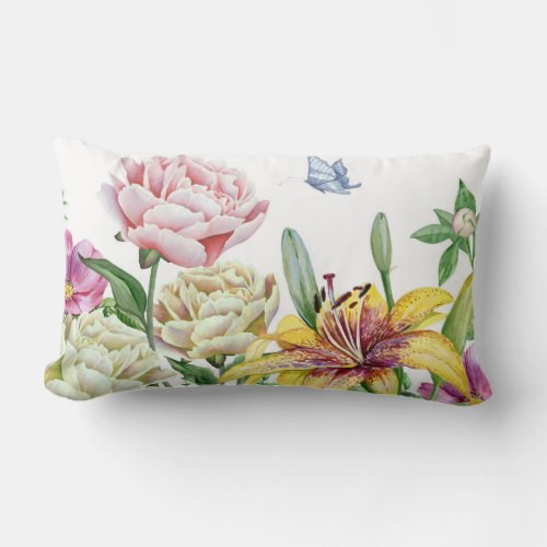 Pink Yellow White Floral with Blue Butterfly Lumbar Pillow