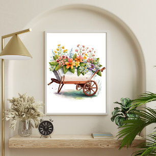 Pink Yellow White Garden Flowers in Wheel Barrel Poster