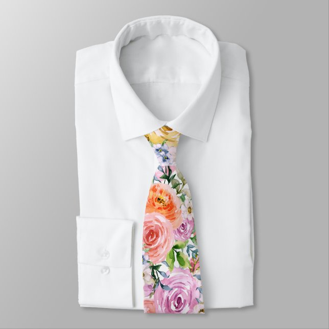 Pink Yellow White Orange Rose Flowers Pattern Neck Tie (Tied)