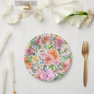 Pink Yellow White Orange Rose Flowers Pattern Paper Plates