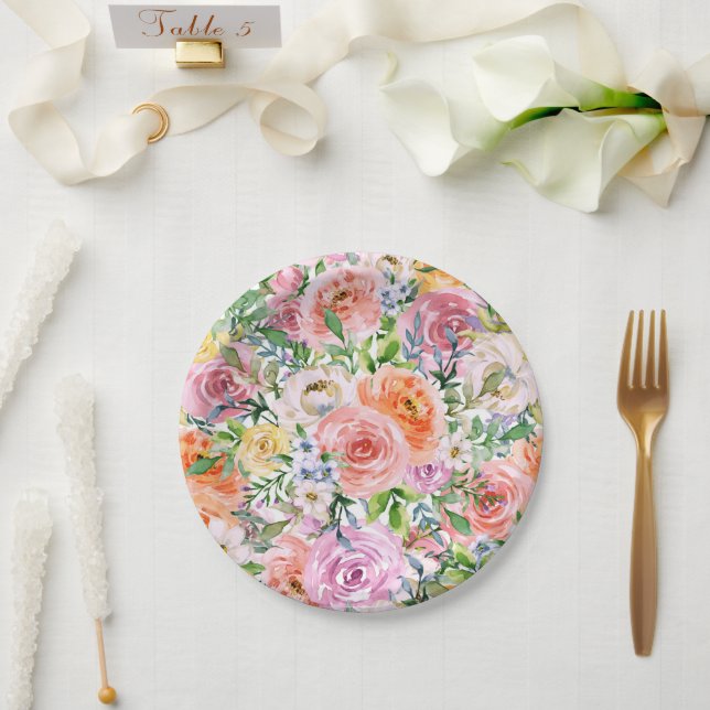 Pink Yellow White Orange Rose Flowers Pattern Paper Plates (Wedding)