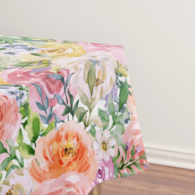 Pink Yellow White Orange Rose Flowers Pattern Tablecloth (In Situ)