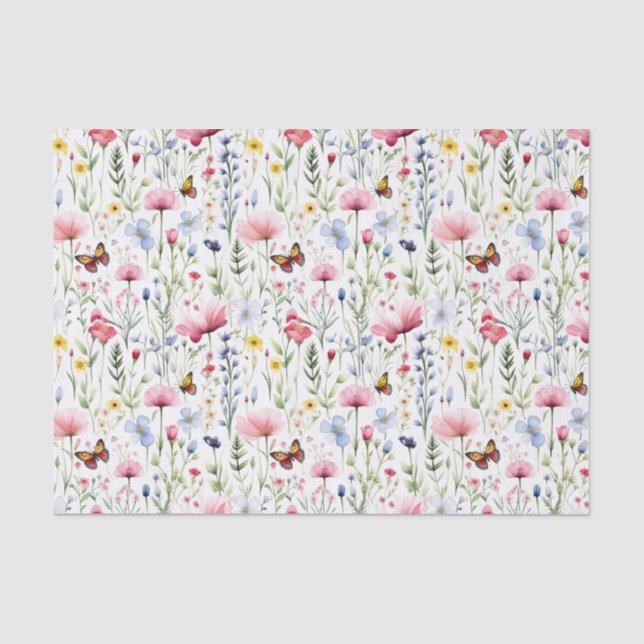 Pink Yellow Wildflowers Butterfly Birthday  Tissue Paper (Front)