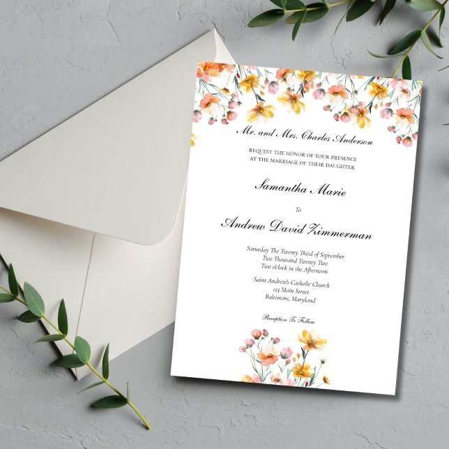 Pink Yellow Wildflowers Formal Elegant Wedding  Invitation (Pink Yellow Wildflowers Wedding invitation. Formal Traditional wording. Printed or Digital download)