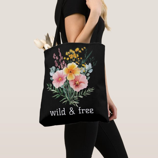 Pink Yellow Wildflowers Watercolor Wild and Free  Tote Bag (Close Up)