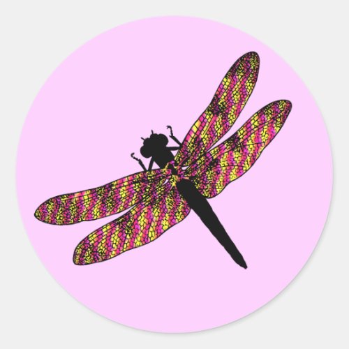 Pink  Yellow Winged Dragonfly Classic Round Sticker