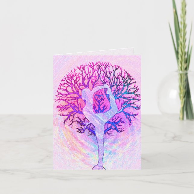 Pink Yoga Tree Woman in Pastel Colors Card (Front)