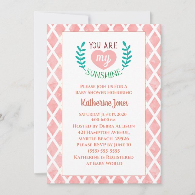 Pink You Are My Sunshine Baby Shower Invitation (Front)