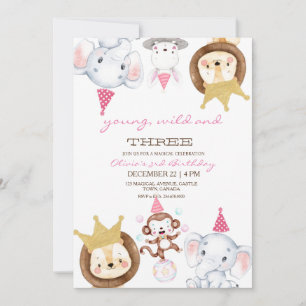Pink Young Wild and Three Animals Birthday Party Invitation
