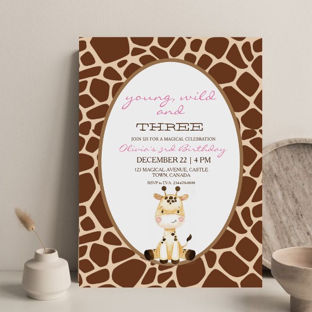 Pink Young Wild and Three Giraffe Birthday Party  Invitation (Creator Uploaded)