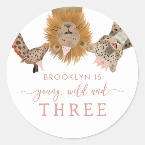 Pink Young Wild and Three Safari Birthday Party Classic Round Sticker