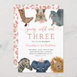 Pink Young Wild and Three Safari Birthday Party Invitation<br><div class="desc">Cute and fun girl's safari animals theme 3rd birthday party invitation featuring illustration of safari animals of giraffe,  snow leopard,  rhino,  lion,  elephant,  and zebra with pink flowers,  crowns,  and party hats. The text says "young,  wild and three."</div>