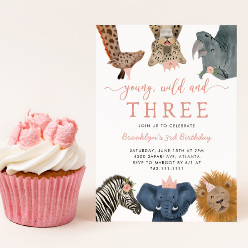 Pink Young Wild and Three Safari Birthday Party Invitation