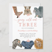 Pink Young Wild and Three Safari Birthday Party Invitation (Front)