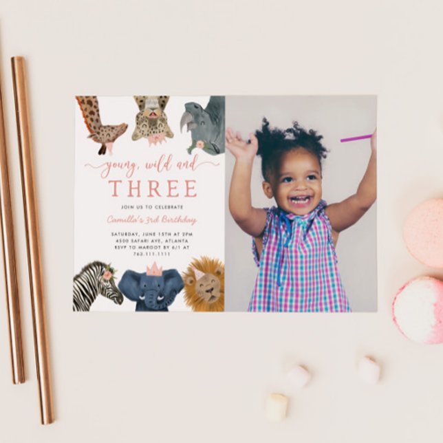 Pink Young Wild and Three Safari Birthday Photo Invitation (Creator Uploaded)