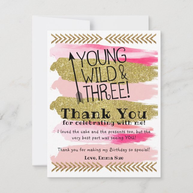 Pink Young Wild & Three Birthday Thank You Card (Front)