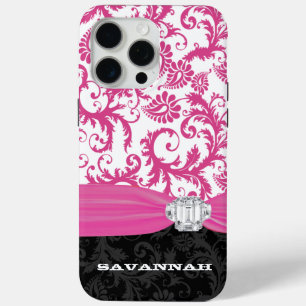 Pink Your Name or Quote Faux Rhinestone Damask iPhone 15 Pro Max Case