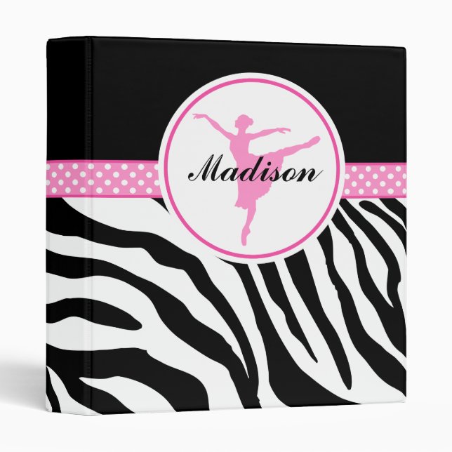 Pink Your Name Zebra Print Ballet Dancer 3 Ring Binder (Front/Spine)