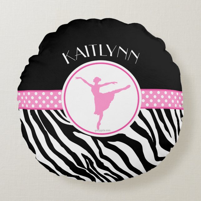 Pink Your Name Zebra Print Ballet Dancer Round Pillow (Front)