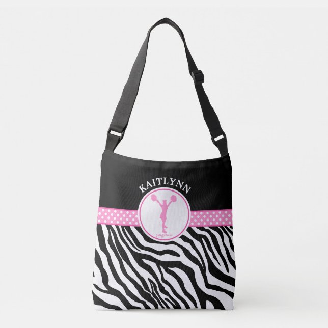 Pink Your Name Zebra Print Cheerleader / Pom Crossbody Bag (Front)