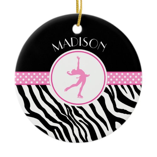 Pink Your Name Zebra Print Figure Skating Ceramic Ornament