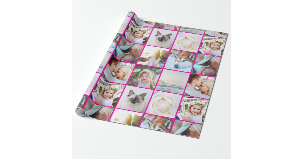Pink Your Photo Custom Grid Collage Wrapping Paper | Zazzle