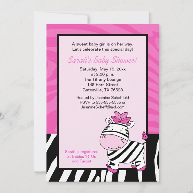 Pink Zebra 5x7 Baby Shower Invitation (Front)
