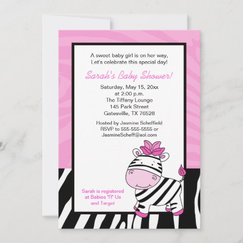 Pink Zebra 5x7 Baby Shower Invitation _ Light Pink