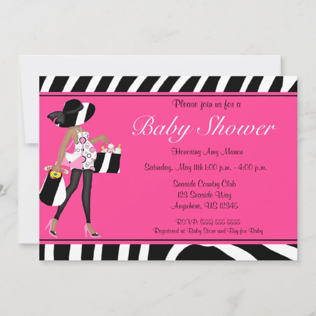 Pink Zebra African American Baby Shower Invite (Front)